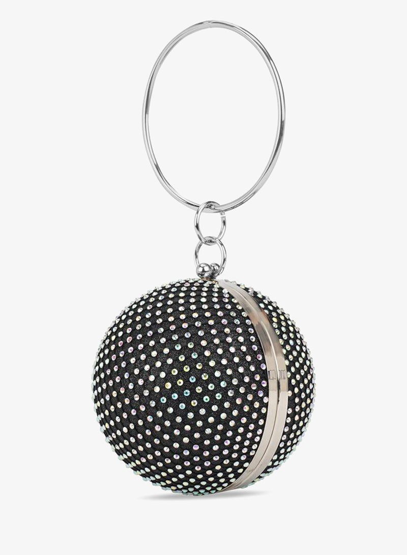globus Black Embellished Circle Clutch with Bangle Handle - Image 3