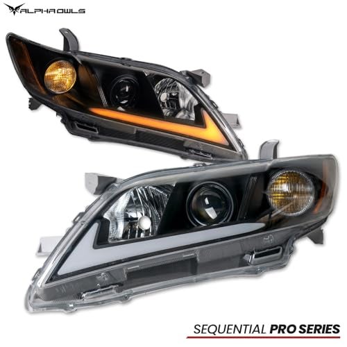 Alpha Owls Switchback Sequential LED Projector Headlights|Compatible With 2007-2009 Toyota Camry|8737828|Black Amber - Image 2