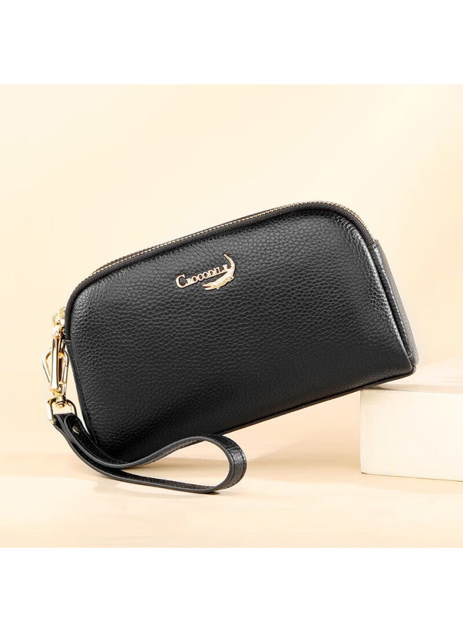 Crocodile New Year Gift, Double Zipper Top-grain Leather Wristlet Bag, Women's Clutch, Long Wallet, Black - Image 4