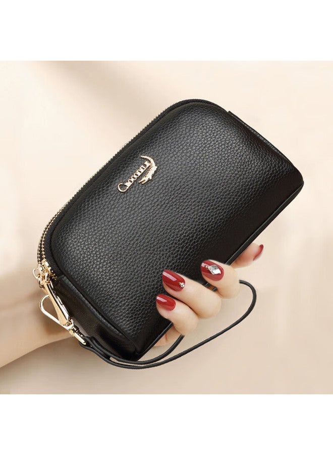 Crocodile New Year Gift, Double Zipper Top-grain Leather Wristlet Bag, Women's Clutch, Long Wallet, Black - Image 1