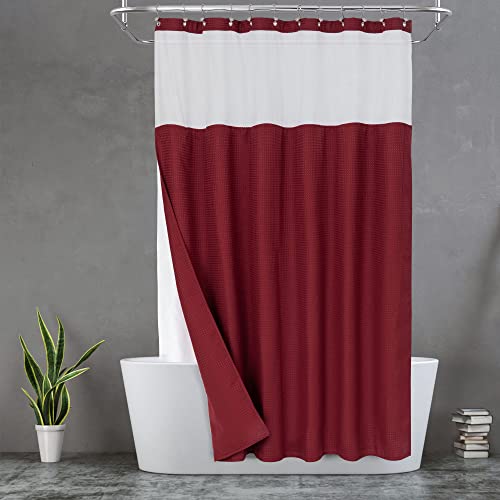 N&Y HOME NY HOME Waffle Weave Shower Curtain with Snapin Fabric Liner  12 Metal Hooks Set  Hotel Style Waterproof  Washable Heavyweight Fabric  Mesh Top Window  71x72 Wine Red 