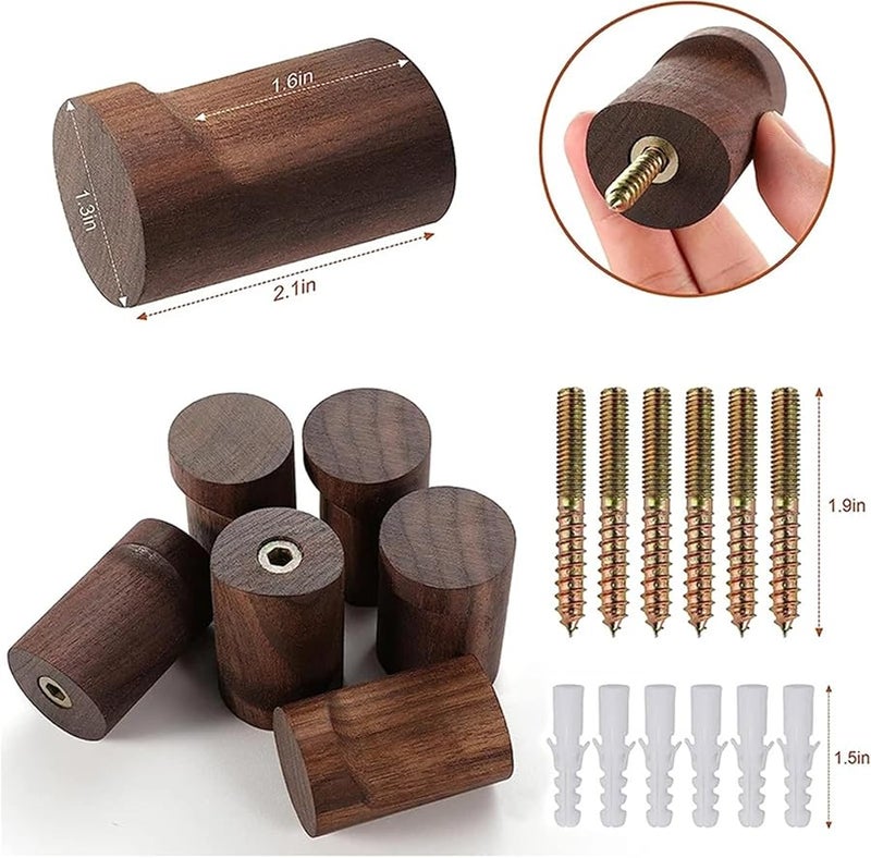 Walnut Wood Wall Mounted Coat Hooks 6PCS Minimalist Hat Towel Bag Hanger For Home Entryway - Image 3
