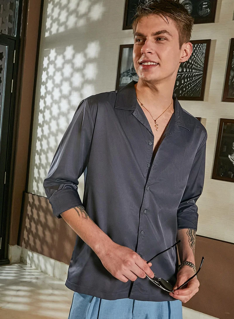 Campus Sutra Campus Sutra Men's Charcoal Grey Solid Cuban Shirt For Casual Wear | Cuban Collar | Long Cuffed Sleeves | Button Closure | Shirt Crafted With Comfort Fit For Everyday Wear