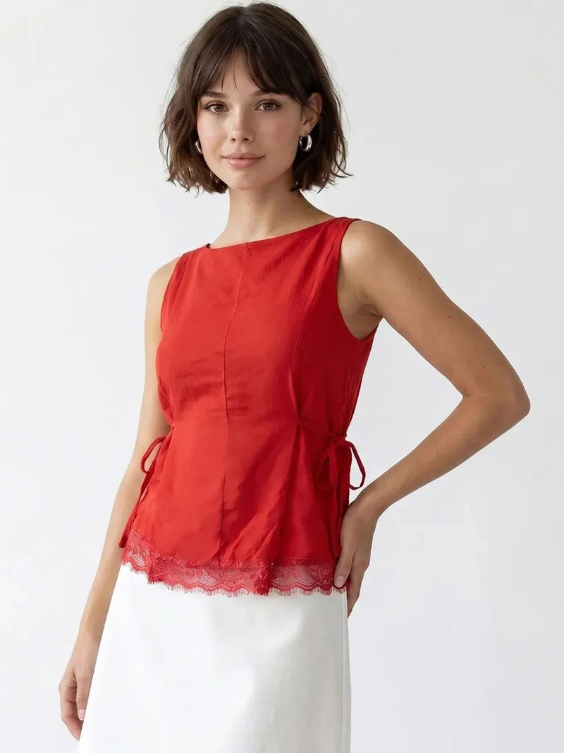 ميكسراي MIXRAY Sleeveless Poplin Blouse With Tie Closure