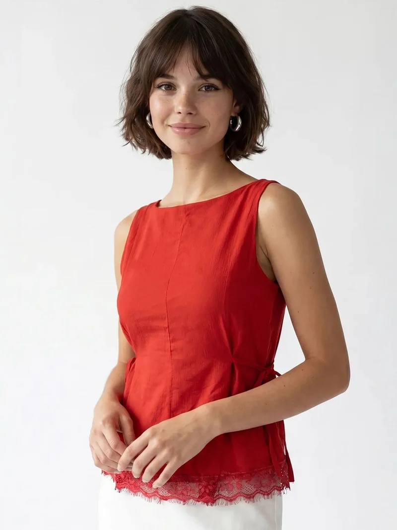 ميكسراي MIXRAY Sleeveless Poplin Blouse With Tie Closure