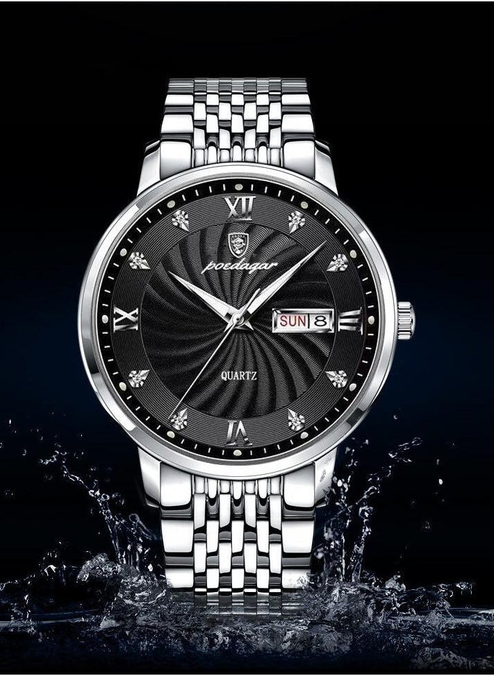 POEDAGAR Mens  Quartz Business Dress Watch, Day Date Stainless Steel Classic Luxury Rhinestone Waterproof Casual  - Image 5
