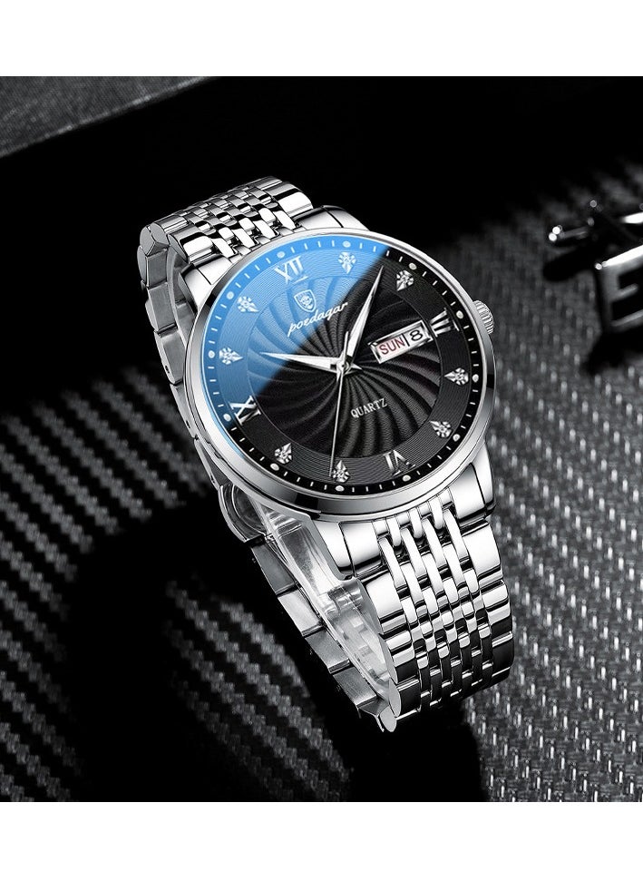 POEDAGAR Mens  Quartz Business Dress Watch, Day Date Stainless Steel Classic Luxury Rhinestone Waterproof Casual  - Image 4