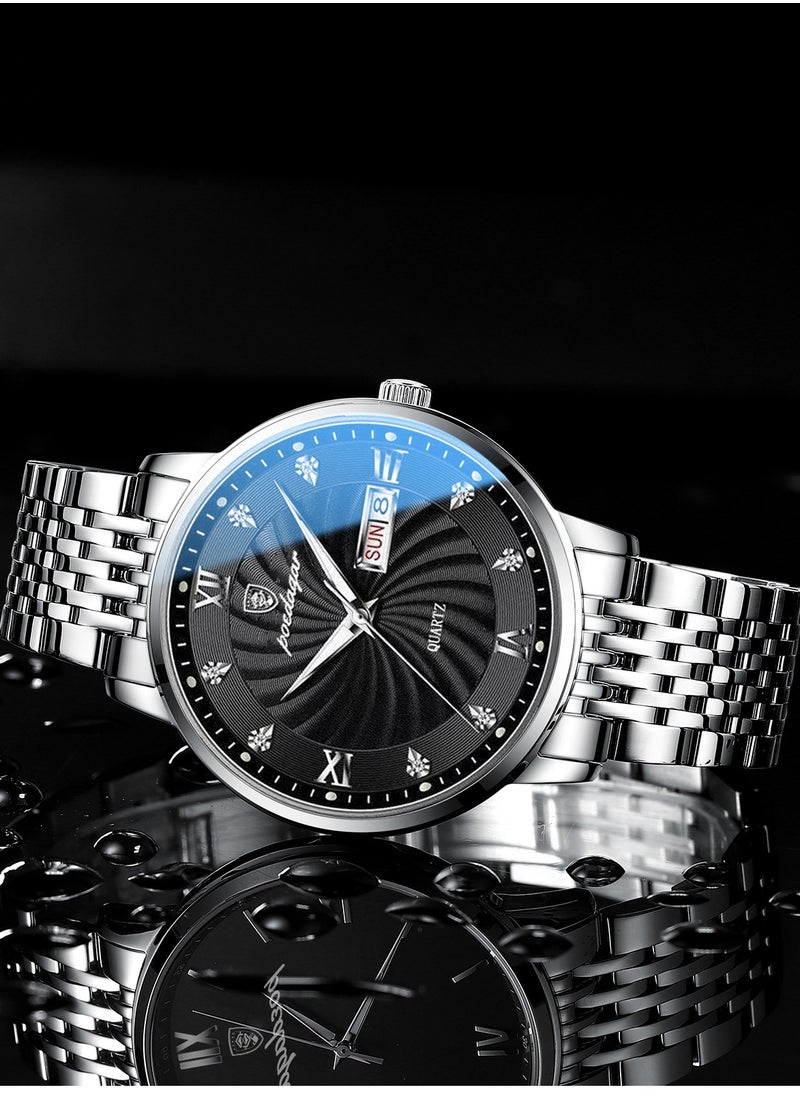 POEDAGAR Mens  Quartz Business Dress Watch, Day Date Stainless Steel Classic Luxury Rhinestone Waterproof Casual  - Image 3