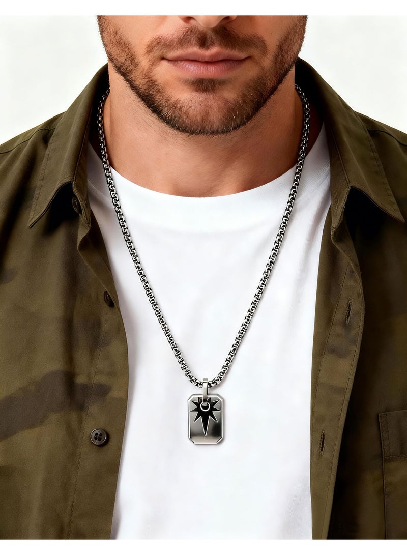 HomeNoor Men’s Rectangular Radiant Star Pendant Necklace, 60cm Silver Premium Stainless Steel Hip‑Hop Accessory for Daily Wear - Image 1