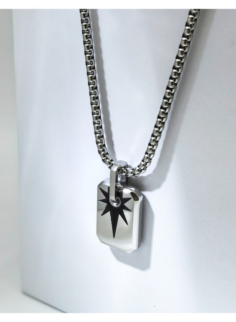 HomeNoor Men’s Rectangular Radiant Star Pendant Necklace, 60cm Silver Premium Stainless Steel Hip‑Hop Accessory for Daily Wear - Image 3