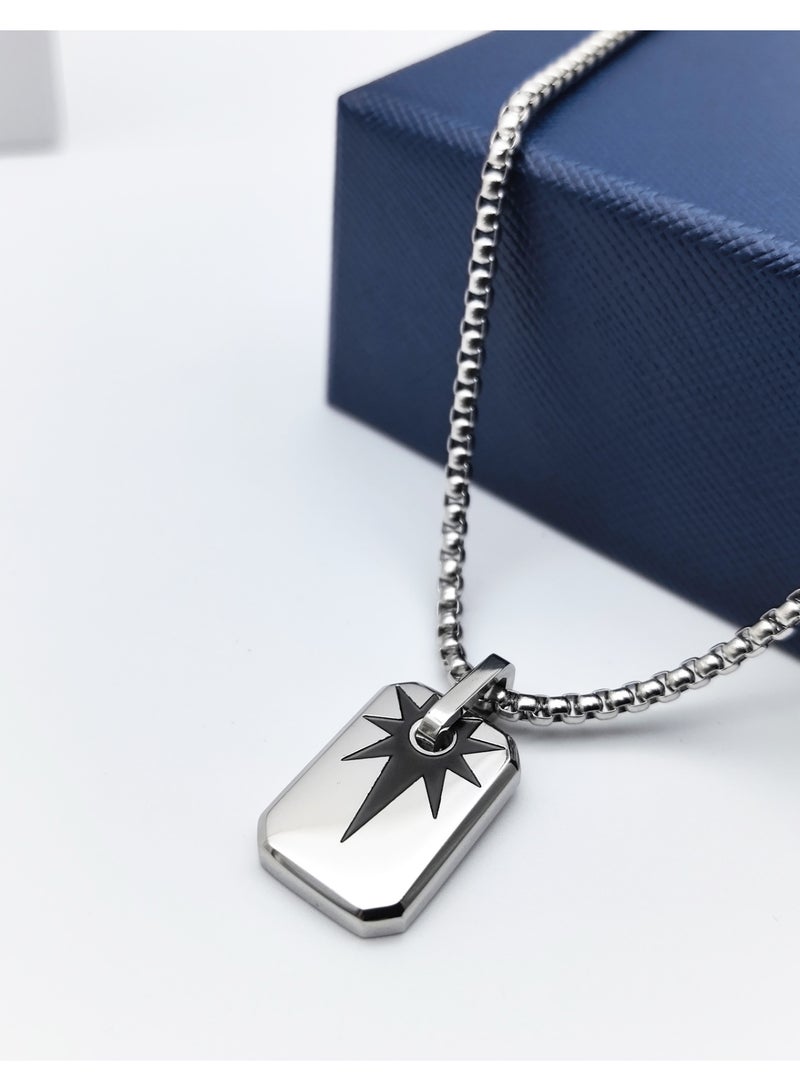 HomeNoor Men’s Rectangular Radiant Star Pendant Necklace, 60cm Silver Premium Stainless Steel Hip‑Hop Accessory for Daily Wear - Image 4