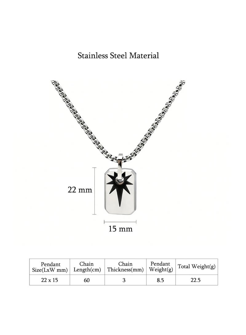 HomeNoor Men’s Rectangular Radiant Star Pendant Necklace, 60cm Silver Premium Stainless Steel Hip‑Hop Accessory for Daily Wear - Image 2