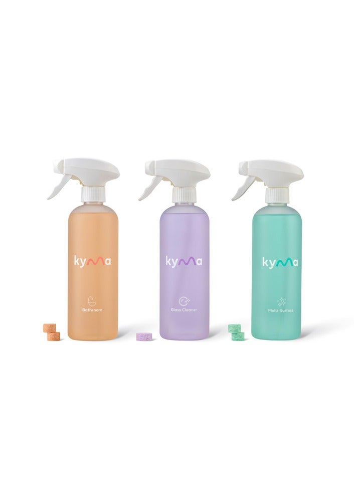 kyma Kyma Starter Kit, 3 Refillable Bottles + 3 Refills, 1.5L (Makes 1x 500ml Bottle of Multi-Surface Cleaner +1x 500ml Bottle of Glass Cleaner + 1x 500ml Bottle of Bathroom Cleaner), Cleans Powerfully - Image 1