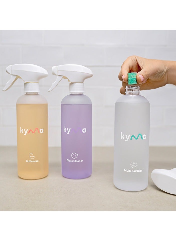 kyma Kyma Starter Kit, 3 Refillable Bottles + 3 Refills, 1.5L (Makes 1x 500ml Bottle of Multi-Surface Cleaner +1x 500ml Bottle of Glass Cleaner + 1x 500ml Bottle of Bathroom Cleaner), Cleans Powerfully - Image 2
