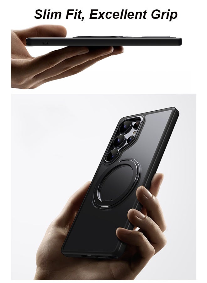 فَرَحُوم غطاءان مغناطسيان لهاتف Samsung Galaxy S25 Ultra مزودان بحامل دوار بزاوية 360 درجة، متوافقان مع MagSafe، تصميم نحيف شبه شفاف غير لامع، مقاوم للصدمات وبصمات الأصابع، باللون الأسود. - Image 5