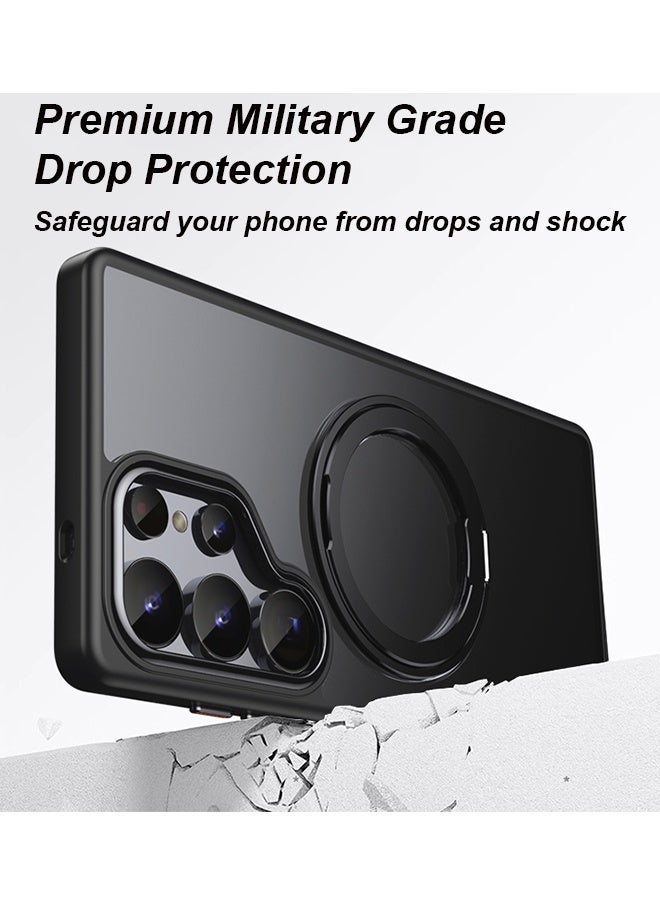 فَرَحُوم غطاءان مغناطسيان لهاتف Samsung Galaxy S25 Ultra مزودان بحامل دوار بزاوية 360 درجة، متوافقان مع MagSafe، تصميم نحيف شبه شفاف غير لامع، مقاوم للصدمات وبصمات الأصابع، باللون الأسود. - Image 4