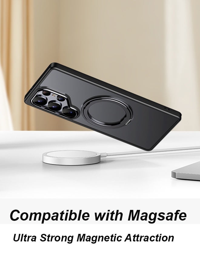 فَرَحُوم غطاءان مغناطسيان لهاتف Samsung Galaxy S25 Ultra مزودان بحامل دوار بزاوية 360 درجة، متوافقان مع MagSafe، تصميم نحيف شبه شفاف غير لامع، مقاوم للصدمات وبصمات الأصابع، باللون الأسود. - Image 3