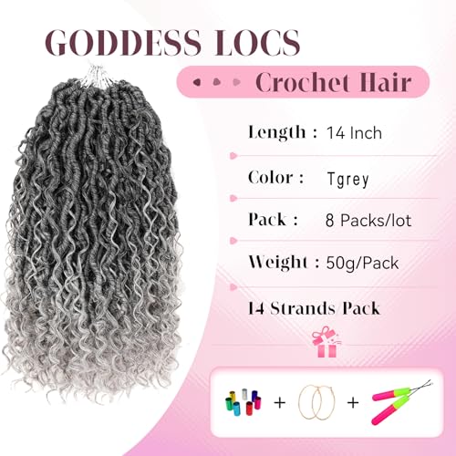 Aipin Goddess Locs Crochet Hair Curly Hair In Middle And Ends Braids 14 Inch Boho River Locs Hippie Wavy Crochet With Hair Extensions(8 Packs,14 inch,Tgrey) - Image 2