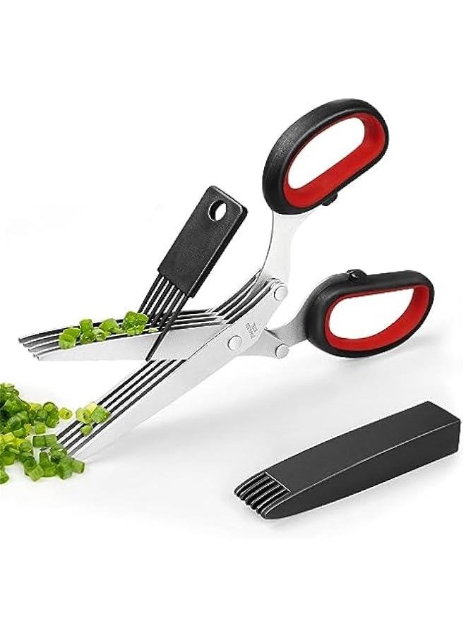 FYLX Updated Scissors Set  Cool Kitchen Gadgets for Cutting Fresh Garden Herbs  Herb Cutter Shears with 5 Blades and Cover  and Antirust Stainless Steel Dishwasher Safe BlackRed)  - Image 1