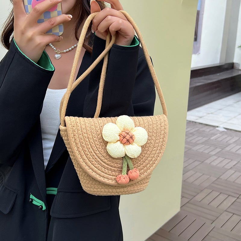 Spring Stylish Woven Bag Women'S Fashion Flower Shoulder Crossbody Bucket Bag Casual Trendy Beach Bag - Image 3