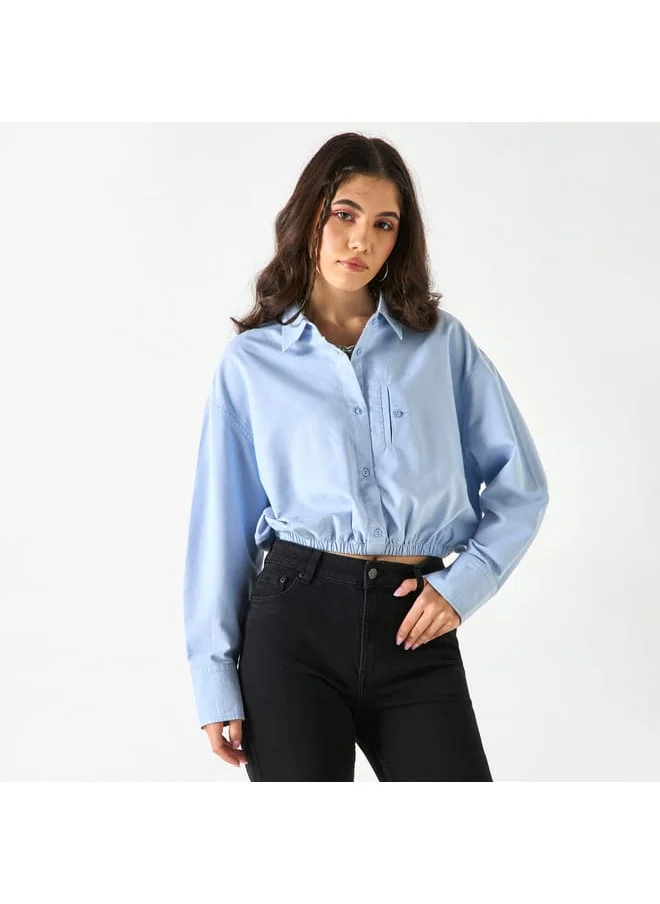 Lee Cooper Lee Cooper Regular Fit Solid Cropped Oxford Shirt with Elasticated Hem