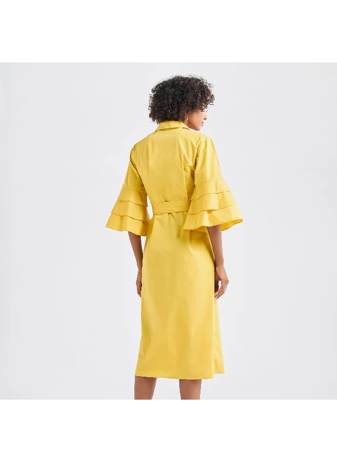 FAV Solid Shirt Dress with Ruffle Sleeves and Belt