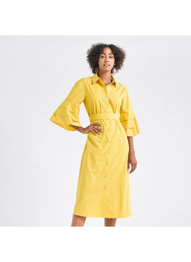 FAV Solid Shirt Dress with Ruffle Sleeves and Belt