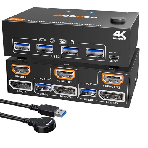 AOOCOO KVM Switch 2 Monitors 2 Computers 4K@60Hz,DP+HDMI USB3.0 Dual Monitor KVM Switches with 4 USB 3.0 Port,Wired Remote,USB3.0 Cables Included(4K60Hz 2 PC 2 Monitor KVM) - Image 1