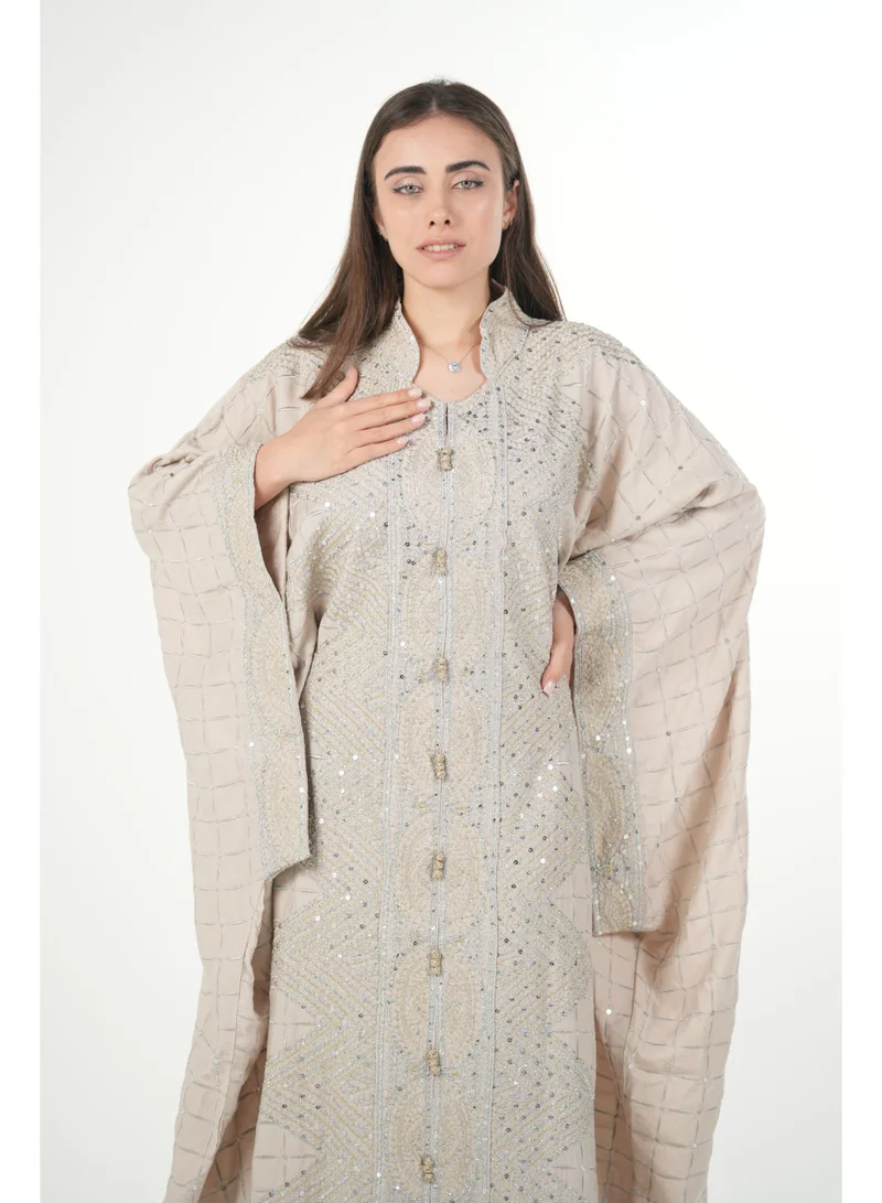 AL BENT AL SHARQIEH beige Free size women embroidered jalabiya dress with invisible belt for Women | Best Price UAE