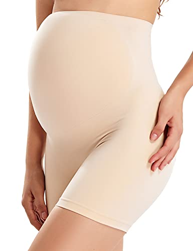 Gratlin Women's Seamless Maternity Shapewear for Dresses Pregnancy Shorts Panties High Waist Mid-Thigh Underwear Beige Small - Image 1