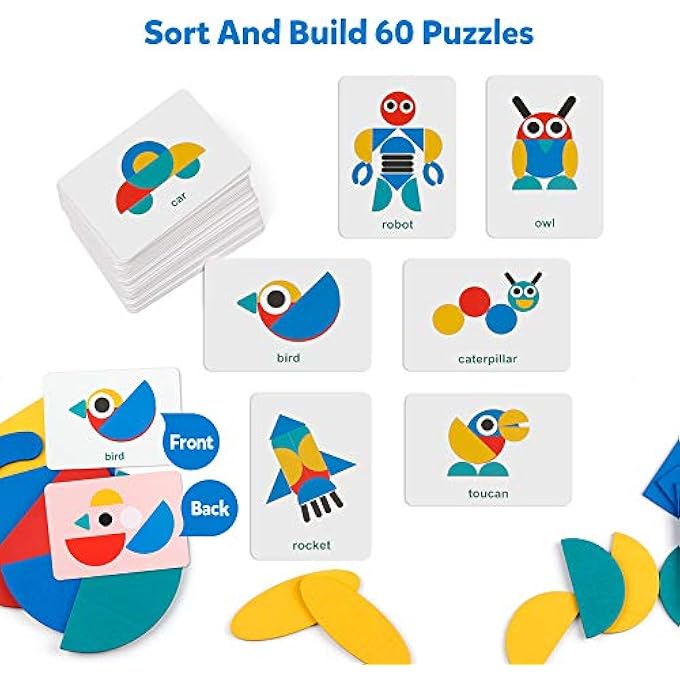 WOODEN PATTERN BLOCKS - TANGRAM SHAPE PUZZLE SET COLOR SORTING STACKING GAME WOOD ANIMAL JIGSAW PRESCHOOL MONTESSORI BRAIN TEASER STEM GIFT FOR 3 4 5 YEARS OLD TODDLER KID (60 PATTERN CARDS) - Image 2