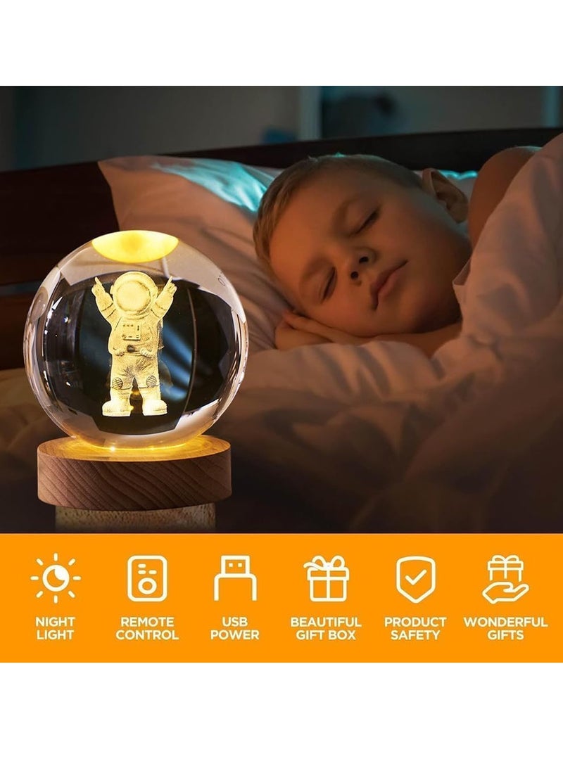 بلان A بلورة كريستالية ثلاثية الأبعاد مضيئة مزودة بإضاءة LED وقاعدة خشبية أنيقة، تعمل عبر كابل USB، مثالية كهدية أو مصباح ليلي للمكتب والطاولة، توفر إضاءة دافئة وجوًا هادئًا ومميزًا (رائد فضاء)  - Image 4