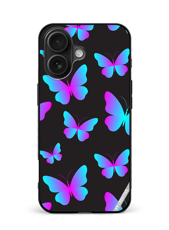 Protective Case Cover For Apple iPhone 16 Plus Neon Butterflies Seamless Pattern Design Multicolour