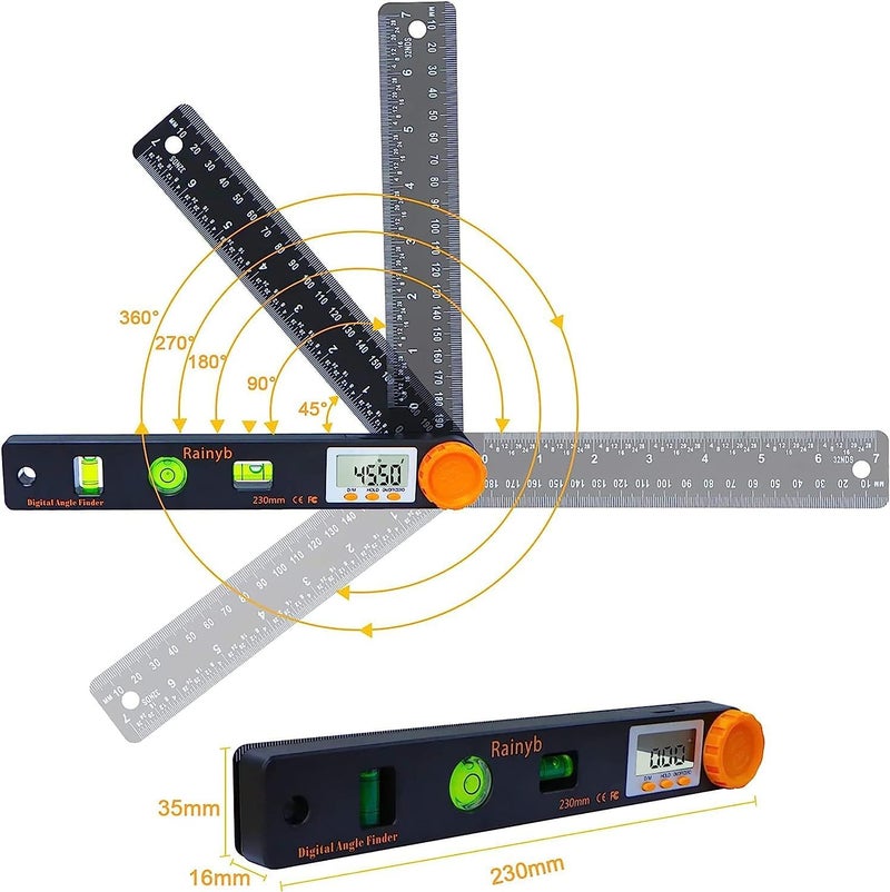 Rainyb Digital Angle Finder Tool 7inch 0-360 degree LCD Digital Protractor with Horizontal Vertical Bubble Levels and Ruler Meter Accurate Tools for Carpenters,Woodworkers,Fabricators（7-Inch X 2Pcs） - Image 4