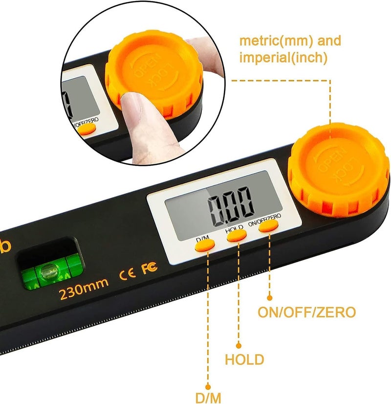 Rainyb Digital Angle Finder Tool 7inch 0-360 degree LCD Digital Protractor with Horizontal Vertical Bubble Levels and Ruler Meter Accurate Tools for Carpenters,Woodworkers,Fabricators（7-Inch X 2Pcs） - Image 5
