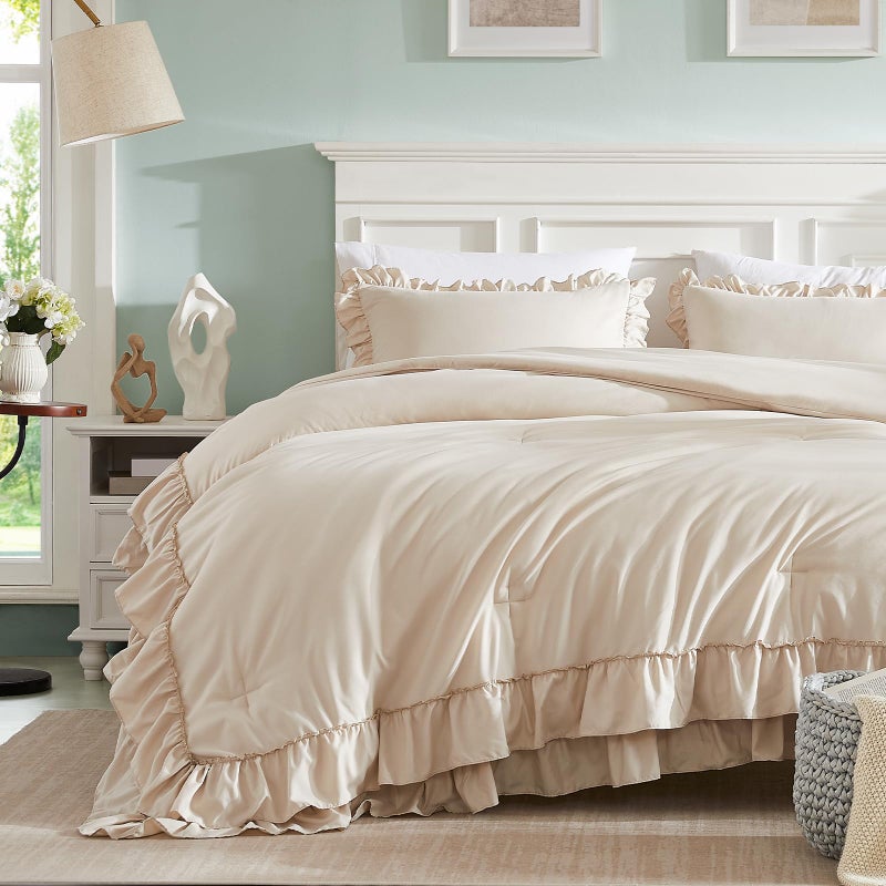 Cupocupa Beige Full Comforter Set, 3Pcs Ruffle Farmhouse Bedding Sets with Comforter & Pillowcases, Soft Shabby Chic Lightweight Fluffy Comforter Set for All Season Bedroom Decor (Beige, F) - Image 3