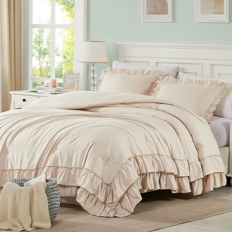 Cupocupa Beige Full Comforter Set, 3Pcs Ruffle Farmhouse Bedding Sets with Comforter & Pillowcases, Soft Shabby Chic Lightweight Fluffy Comforter Set for All Season Bedroom Decor (Beige, F) - Image 1