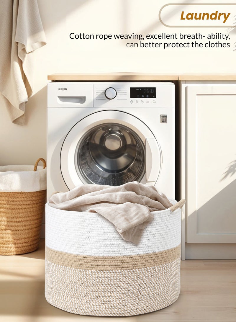 Raymond 100% Natural Handmade Cotton Rope Laundry Basket - 51L Storage Hamper for Clothes, Blankets & Toys (White/Brown, 20"L x 12"W x 13"H) - Image 4