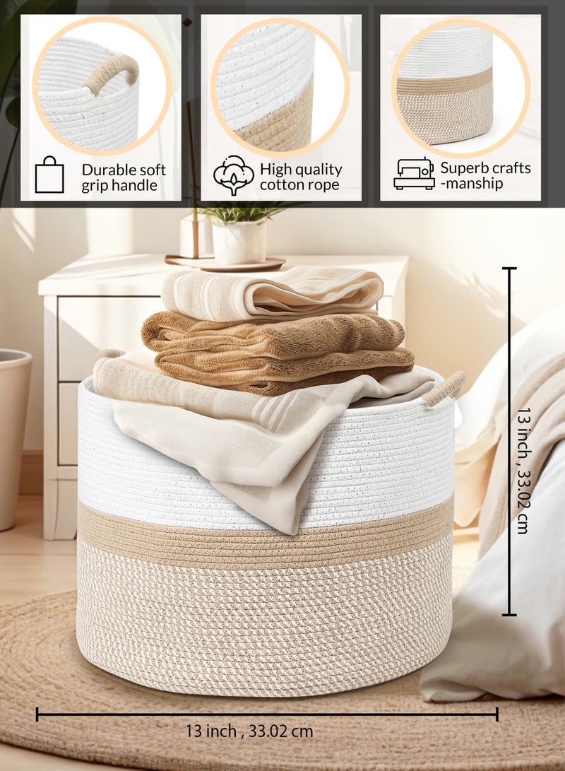 Raymond 100% Natural Handmade Cotton Rope Laundry Basket - 51L Storage Hamper for Clothes, Blankets & Toys (White/Brown, 20"L x 12"W x 13"H) - Image 3
