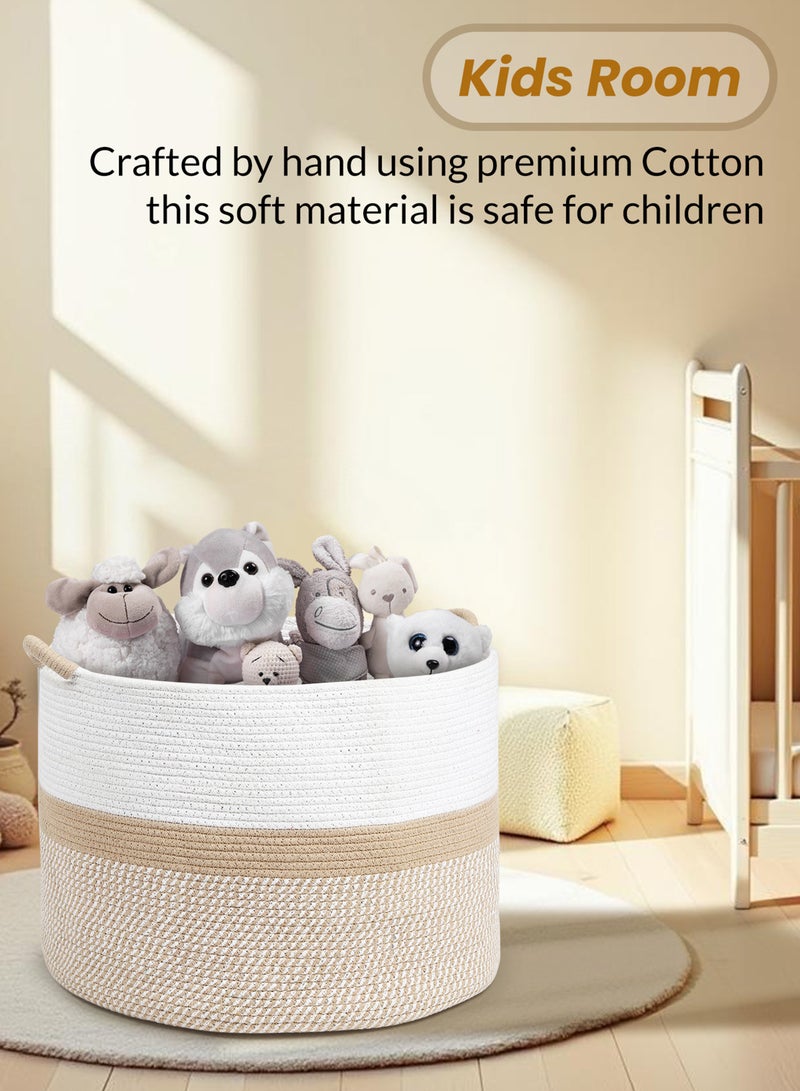 Raymond 100% Natural Handmade Cotton Rope Laundry Basket - 51L Storage Hamper for Clothes, Blankets & Toys (White/Brown, 20"L x 12"W x 13"H) - Image 2