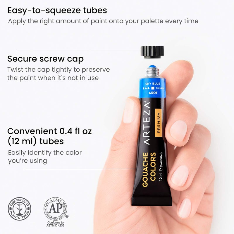 ARTEZA Gouache Premium Artist Paints Set - 24 Colors (24 x 12 ml / 0.74 US fl oz) - Image 3