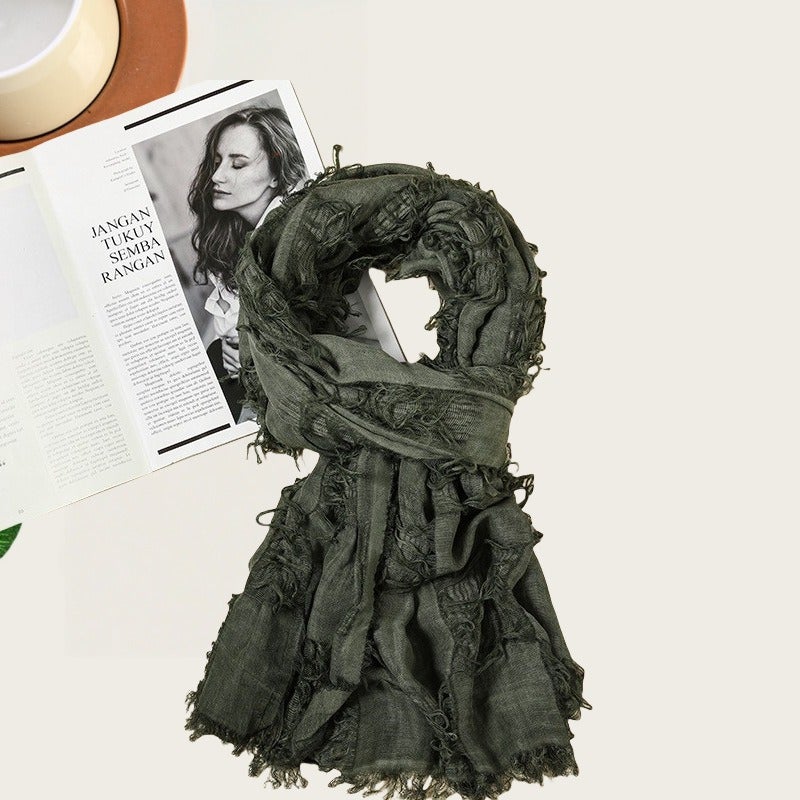 Noon Cross-Border Distressed Cotton-Linen Scarf - Vintage Washed Look, Solid Color Shawl for Spring/Autumn, Versatile Casual Hip-Hop Style