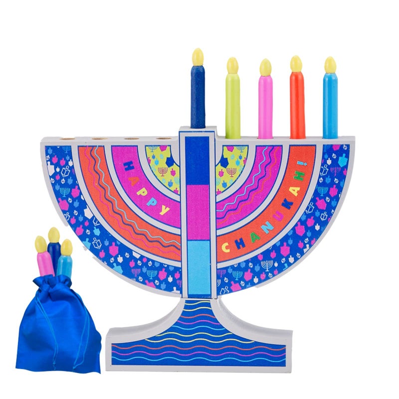 Rite Lite My Play Wooden Menorah with Removable Wooden Candles  Colorful Chanukah Menorah for Kids Hanukkah Gifts Decorations Centerpiece Jewish Holiday Party Favors