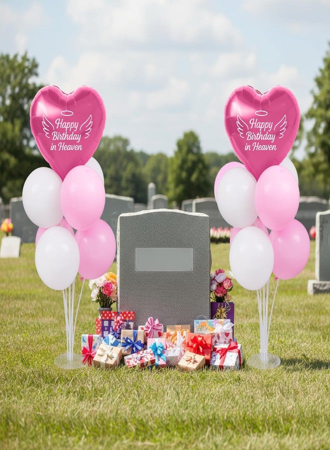 LaRandom 2 Sets Happy Birthday in Heaven Decoration Kit Include 2 Pcs Heart-shaped Balloon and Stands, 12 Pcs Latex Balloons, for Cemetery Memory Life Funeral Condolence Anniversary Decor(Pink,White) - Image 1