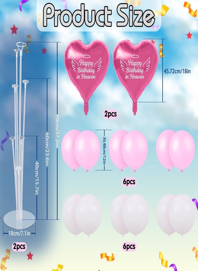 LaRandom 2 Sets Happy Birthday in Heaven Decoration Kit Include 2 Pcs Heart-shaped Balloon and Stands, 12 Pcs Latex Balloons, for Cemetery Memory Life Funeral Condolence Anniversary Decor(Pink,White) - Image 2