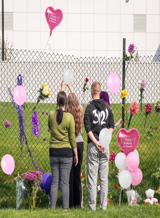 LaRandom 2 Sets Happy Birthday in Heaven Decoration Kit Include 2 Pcs Heart-shaped Balloon and Stands, 12 Pcs Latex Balloons, for Cemetery Memory Life Funeral Condolence Anniversary Decor(Pink,White) - Image 4