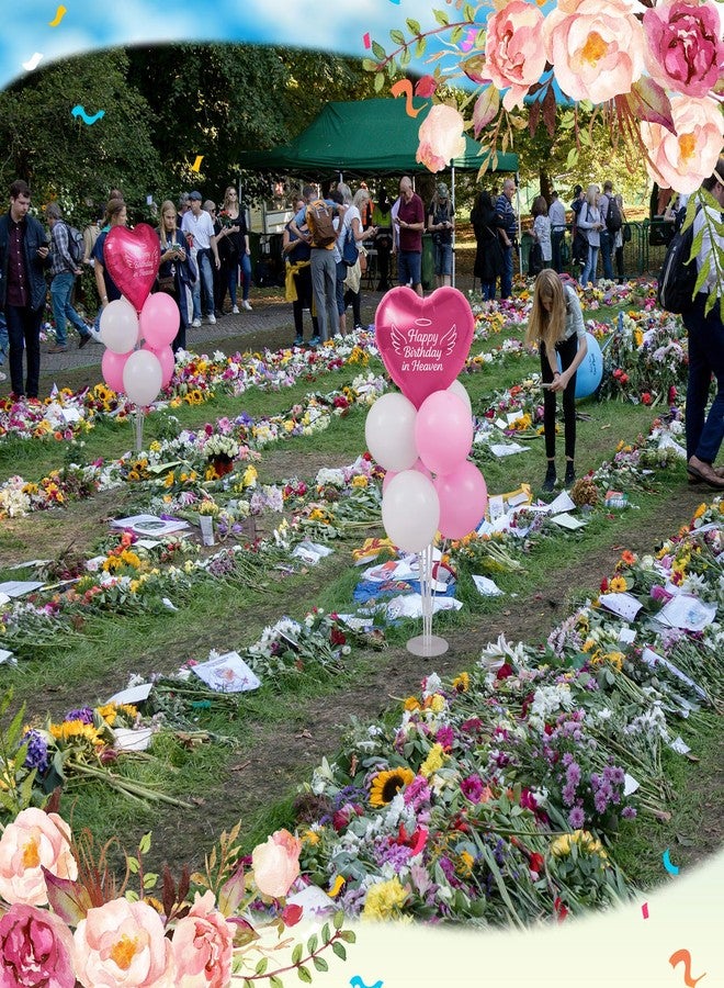 LaRandom 2 Sets Happy Birthday in Heaven Decoration Kit Include 2 Pcs Heart-shaped Balloon and Stands, 12 Pcs Latex Balloons, for Cemetery Memory Life Funeral Condolence Anniversary Decor(Pink,White) - Image 5
