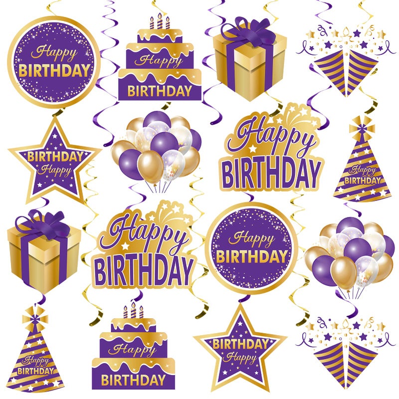 Purple Gold Birthday Hanging Swirls Decorations for Women Girls Purple Happy Birthday Foil Swirls Party Supplies 10th 16th 21st 30th 40th 50th 60th Bday Ceiling Sign Decor