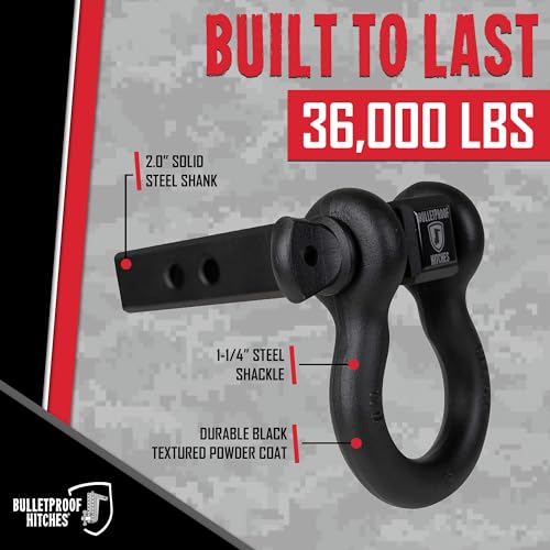 BulletProof Hitches - 2.0" Shackle Hitch Receiver with 36,000 lb. Rating and D-Ring/Clevis - Tow Hitch Shackle for 2" Receivers - Extreme Duty, Solid Steel, Black Powder Coat - Image 2