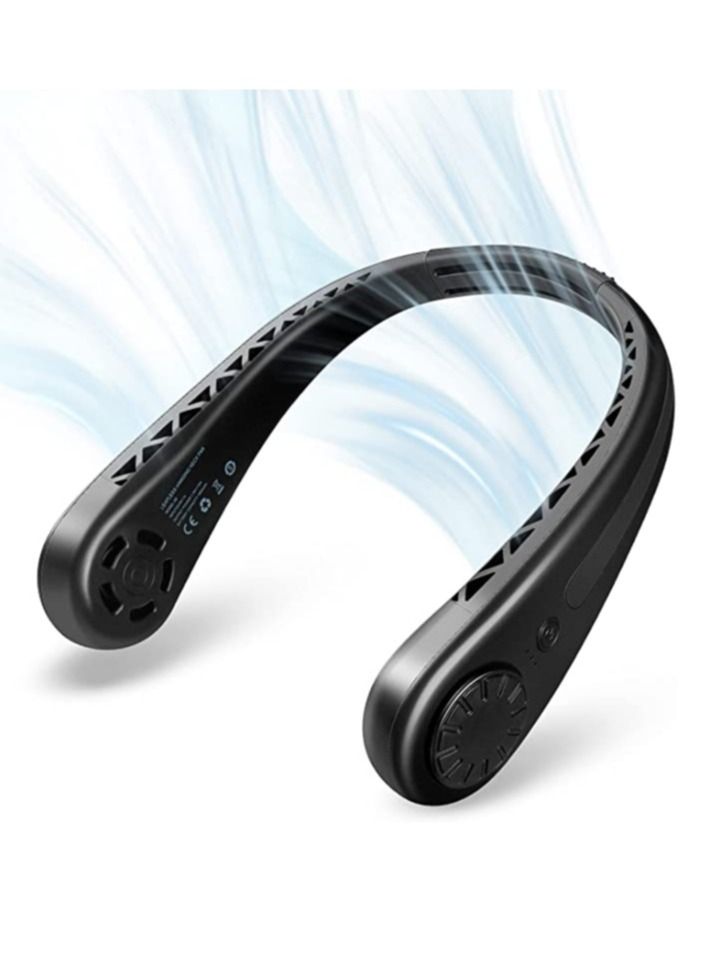 مروحة عنق محمولة، مروحة بلا شفرات قابلة للارتداء بدون استخدام اليدين، مروحة قلادة قابلة لإعادة الشحن عبر USB بثلاث سرعات، مروحة تبريد معلقة للسفر والرياضة والمكتب (أسود) - Image 1